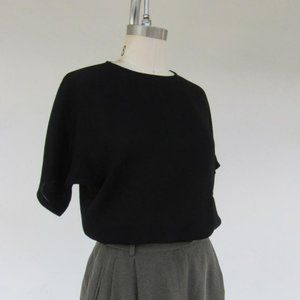 80s 90s Black Crepe KeyholeSleeve Blouse